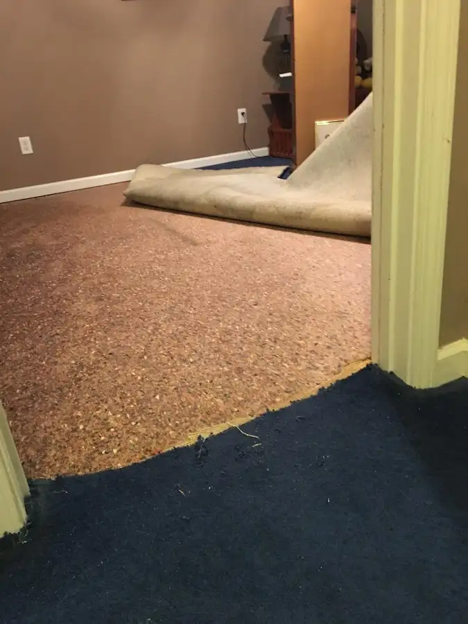 Carpet pad removal revealing water damage during Water Mitigation Services in Sherwood